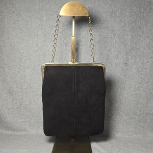 Elegant Vintage Black Suede Kiss Lock Chain Evening Bag